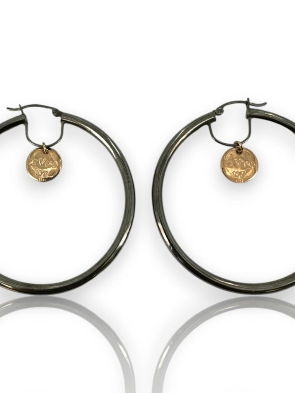 LeVian 14kt Black Gold 2" Diameter Hoop Earring Rose Gold Logo Dangle Accent